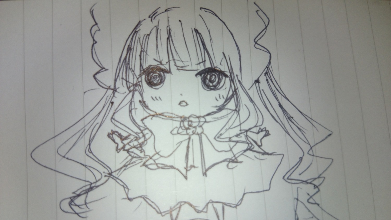 1girl blush chibi dress image long_hair looking_at_viewer monochrome shinku sketch solo traditional_media very_long_hair