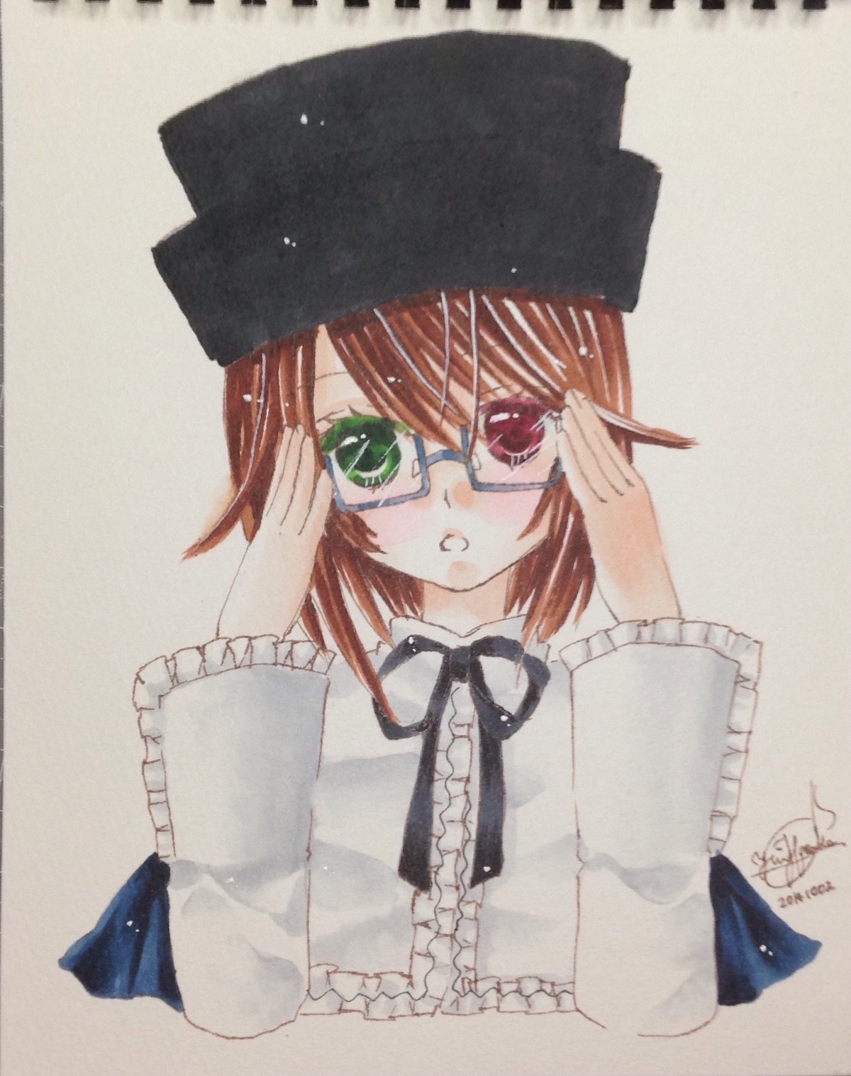 1girl adjusting_eyewear bangs brown_hair eyebrows_visible_through_hair glasses green_eyes hat heterochromia image long_sleeves looking_at_viewer parted_lips red_eyes short_hair signature simple_background solo souseiseki upper_body