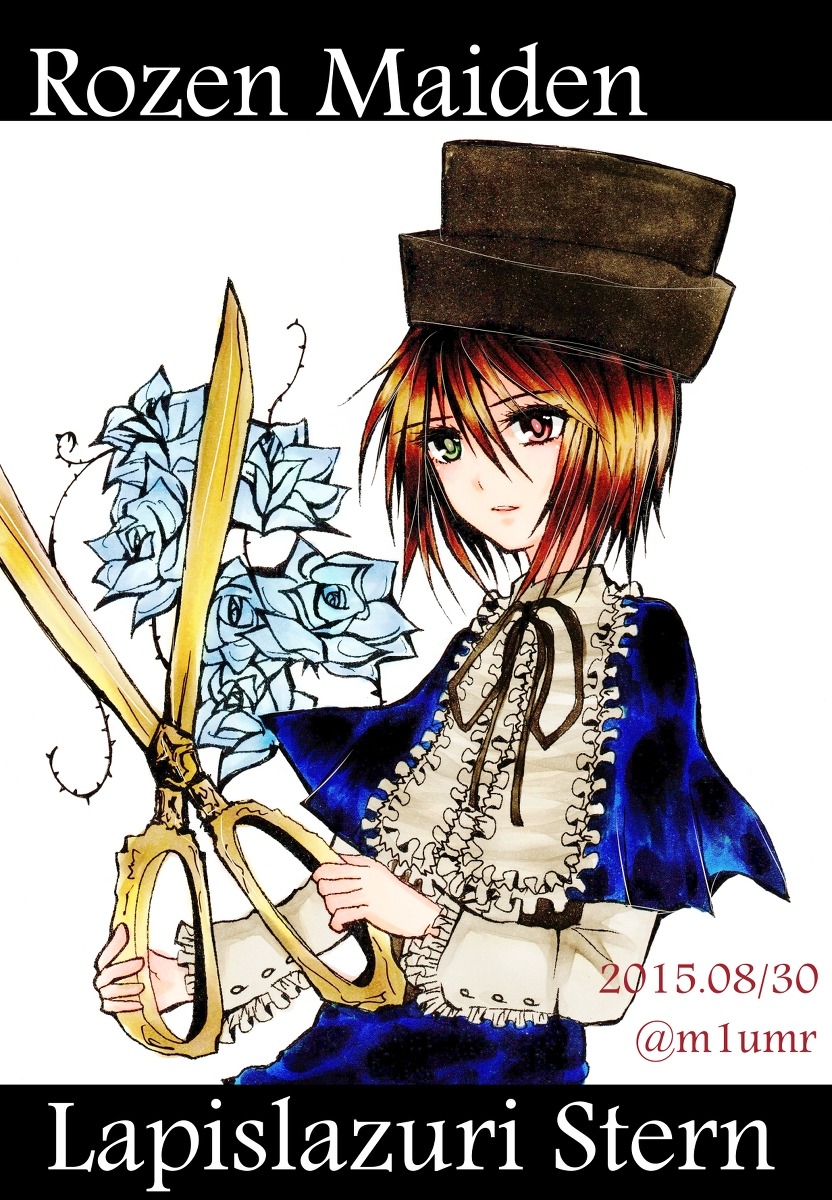 1girl capelet character_name flower hat heterochromia image long_sleeves looking_at_viewer multicolored_hair red_eyes red_hair rose short_hair solo souseiseki top_hat