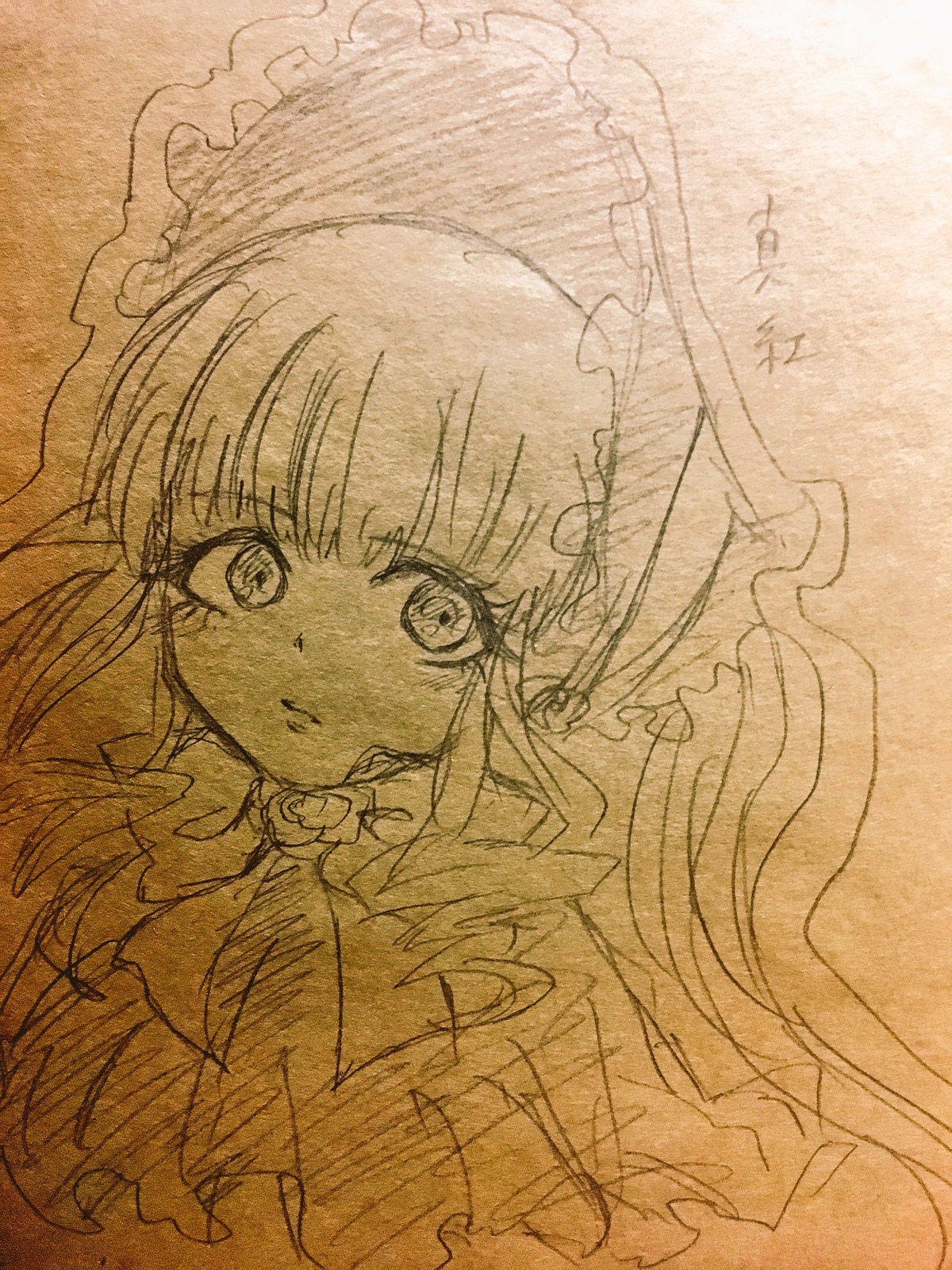 1girl bangs frills image long_hair looking_at_viewer monochrome shinku solo traditional_media upper_body