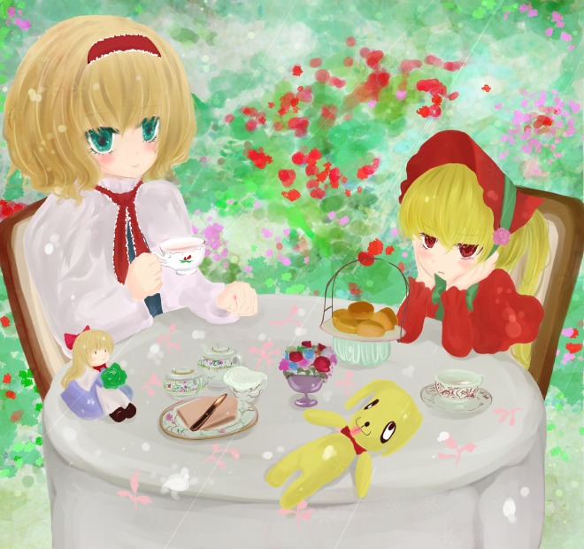 2girls alice_margatroid auto_tagged blonde_hair blue_eyes blush bow cake capelet chair cup dress food fruit hairband heart image long_hair multiple_girls red_eyes shanghai_doll shinku short_hair smile solo table tea teacup teapot