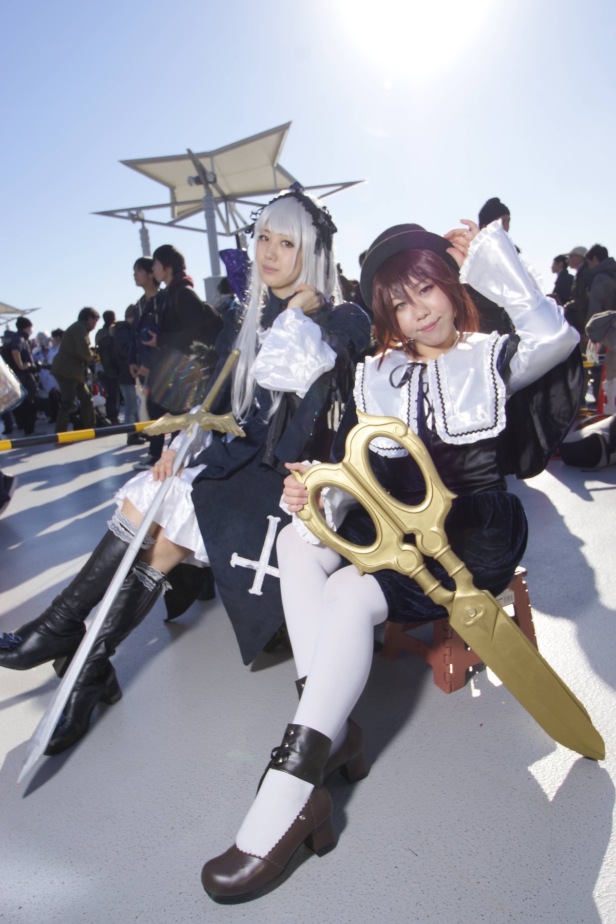 3d 3girls boots brown_hair dress hat instrument lips long_hair multiple_cosplay multiple_girls realistic short_hair tagme thighhighs umbrella