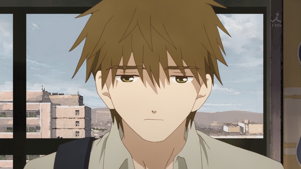 1boy bangs brown_hair building closed_mouth cloud collared_shirt green_eyes hair_between_eyes human looking_at_viewer sakurada_jun shirt sky solo white_shirt