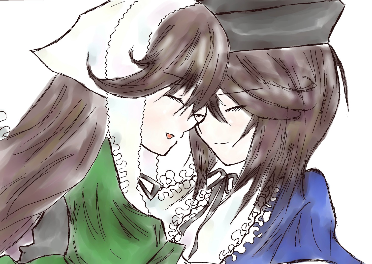2girls blush brown_hair closed_eyes hat image long_hair mika_(girls_und_panzer) multiple_girls pair smile souseiseki suiseiseki yuri