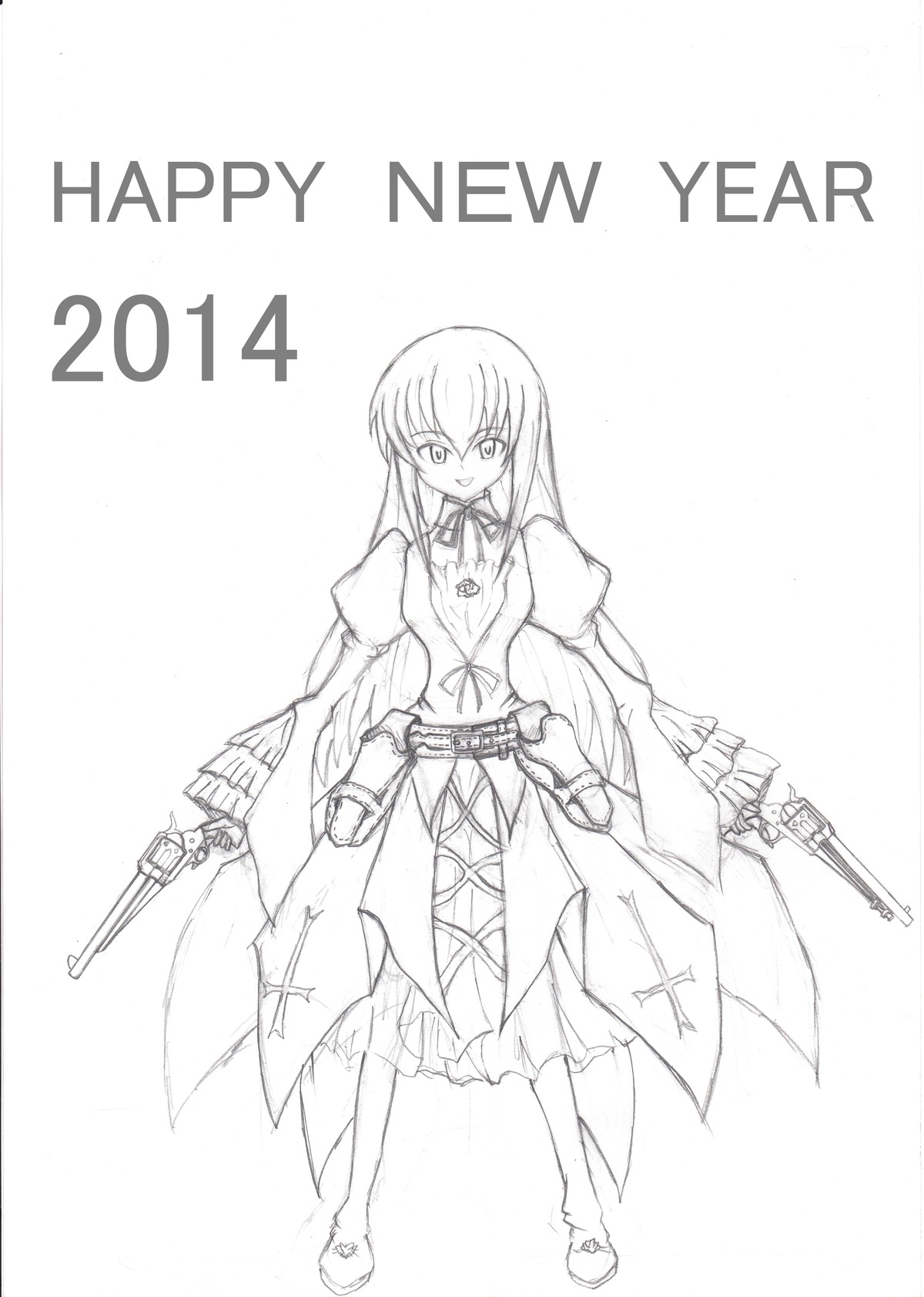 1girl dress greyscale gun handgun image long_hair long_sleeves monochrome solo standing suigintou weapon