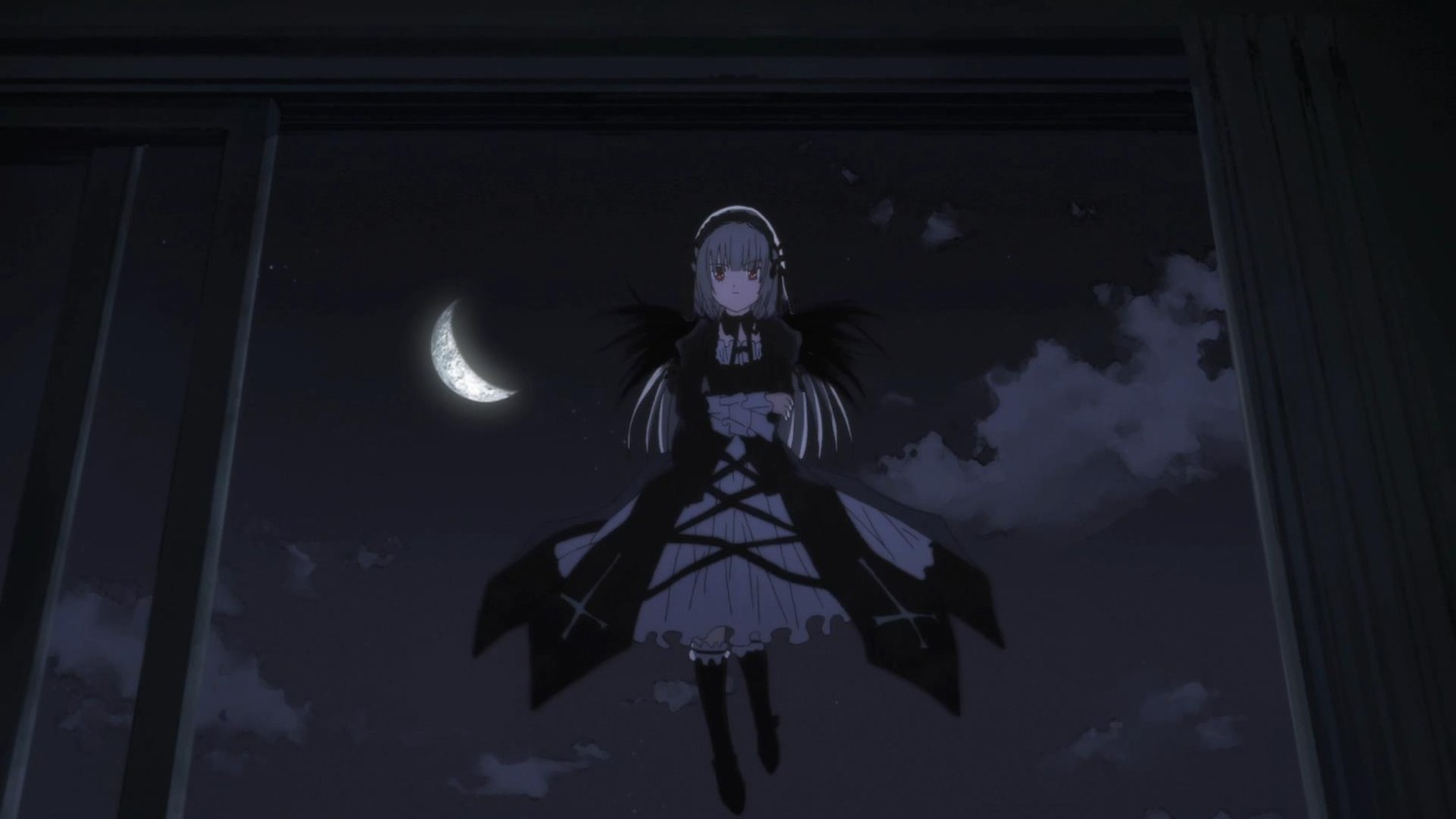 1girl bangs beret black_dress black_footwear black_headwear black_legwear boots closed_mouth cloud crescent_moon dress eyebrows_visible_through_hair frills gloves grey_hair hair_between_eyes hat heterochromia image long_hair long_sleeves looking_at_viewer moon night night_sky sky solo standing suigintou very_long_hair virtual_youtuber wide_sleeves