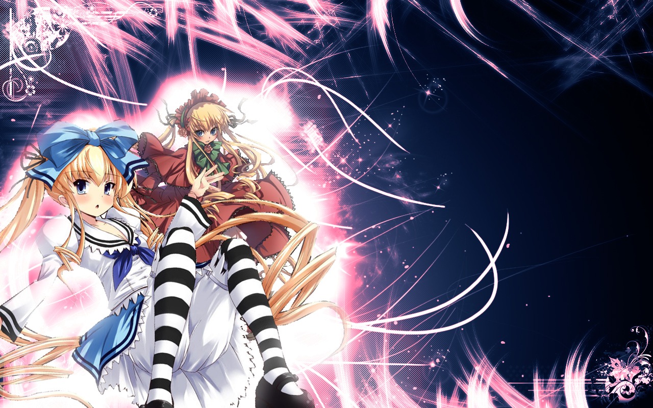 2girls blonde_hair blue_eyes blush bow dress hair_bow hairband image long_hair multiple_girls shinku sitting solo striped striped_legwear thighhighs twintails