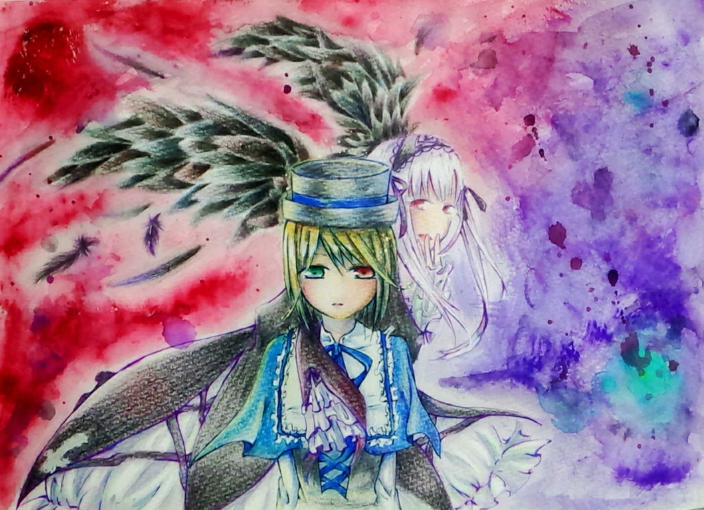 2girls black_wings blonde_hair dress feathers frills hat heterochromia image long_hair long_sleeves looking_at_viewer multiple_girls pair red_eyes siblings sisters souseiseki suigintou wings