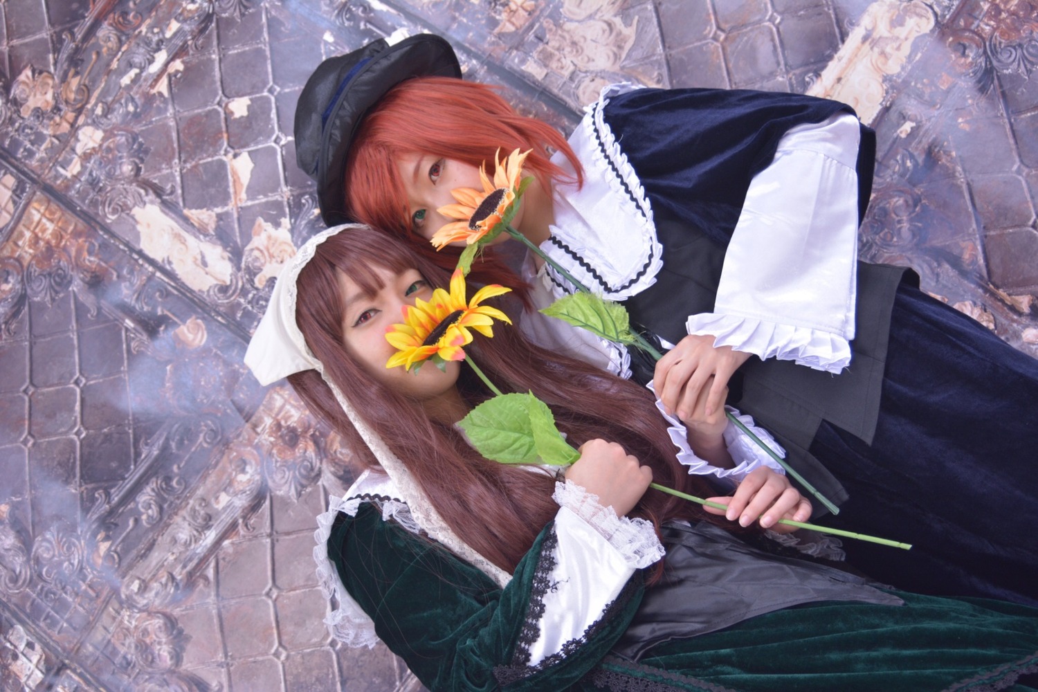 2girls brick_wall brown_hair dress flower hat long_hair long_sleeves multiple_cosplay multiple_girls tagme