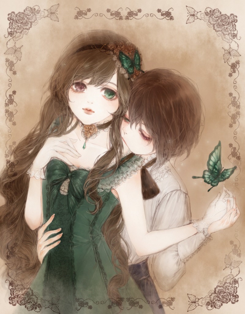 2girls auto_tagged blue_butterfly brown_hair bug butterfly butterfly_hair_ornament choker closed_eyes commentary_request dress flower gloves green_dress hairband heterochromia image insect long_hair multiple_girls pair rozen_maiden short_hair siblings sisters souseiseki suiseiseki twins yukishiro_(hitsuji) yuri