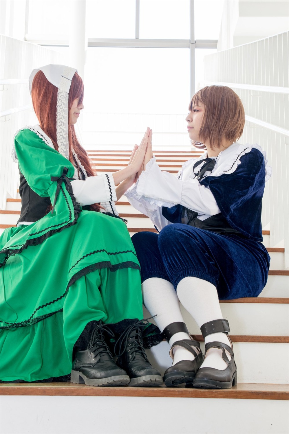 2girls blue_dress book brown_hair dress long_hair looking_at_another multiple_cosplay multiple_girls pantyhose short_hair sitting striped tagme white_legwear