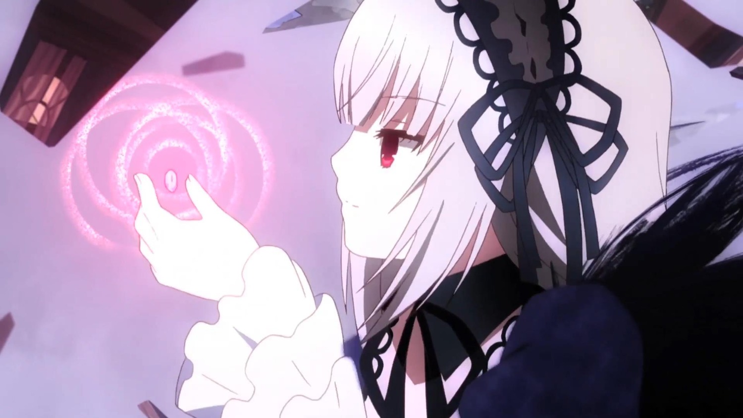1girl bangs black_ribbon closed_mouth dress flower frills hairband image long_hair long_sleeves profile red_eyes ribbon silver_hair solo suigintou wings