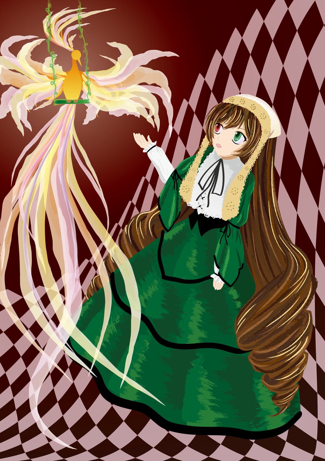 1girl argyle argyle_background argyle_legwear black_rock_shooter_(character) blonde_hair board_game brown_hair checkerboard_cookie checkered checkered_background checkered_floor checkered_kimono checkered_scarf checkered_skirt chess_piece colorful cookie diamond_(shape) dress drill_hair fire flag floor green_eyes heterochromia himekaidou_hatate holding_flag image jester_cap king_(chess) knight_(chess) long_hair mirror official_style on_floor perspective plaid_background race_queen red_eyes reflection reflective_floor role_reversal rook_(chess) shide solo suiseiseki tile_floor tile_wall tiles twin_drills vanishing_point very_long_hair yagasuri
