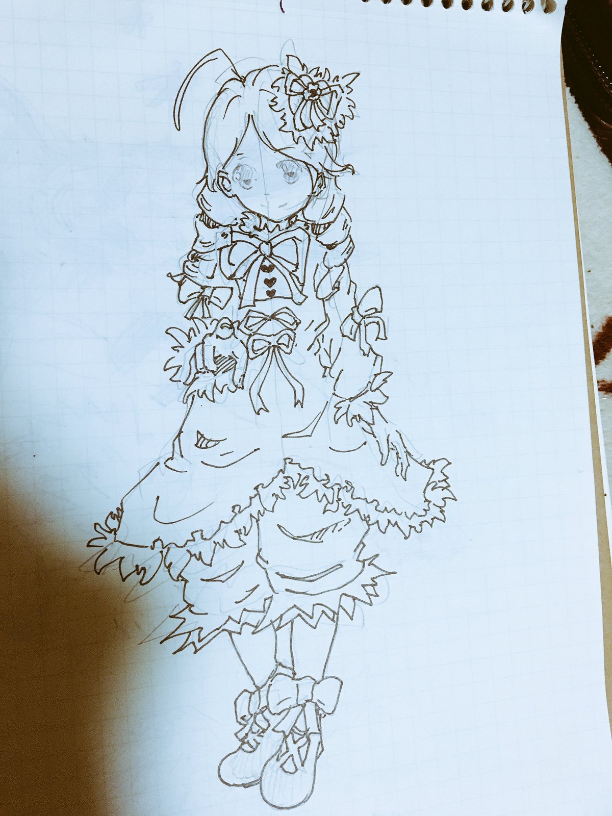1girl ahoge blue_theme dress hair_ornament image kanaria long_hair long_sleeves monochrome ribbon sketch solo solo_braid traditional_media