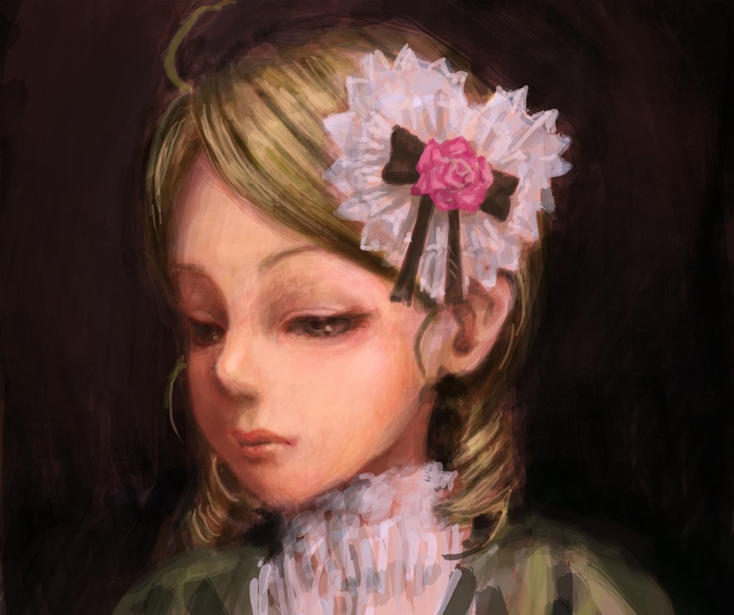 1girl bangs black_eyes blonde_hair closed_mouth drill_hair face flower hair_ornament image kanaria lips portrait rose solo