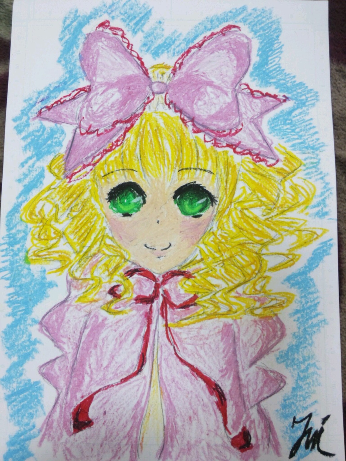 1girl blonde_hair bow dress green_eyes hair_bow hina_ichigo hinaichigo image looking_at_viewer pink_bow ribbon shikishi short_hair smile solo traditional_media upper_body watercolor_(medium)