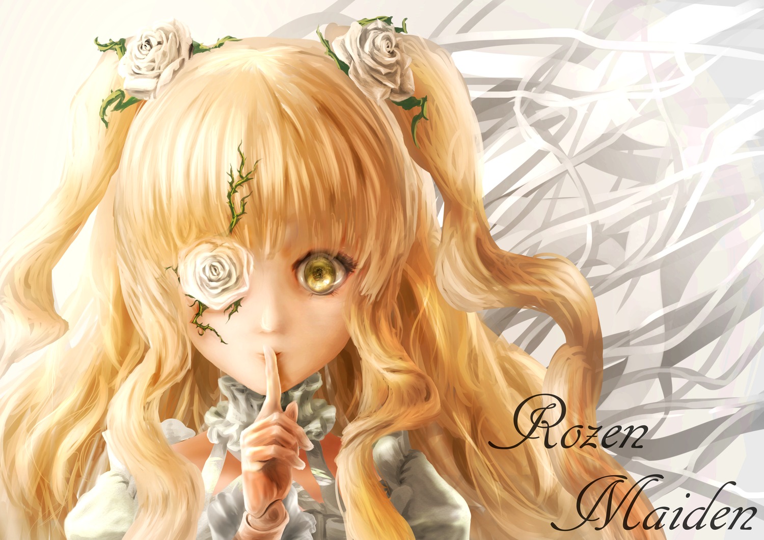 1girl blonde_hair finger_to_mouth flower hair_flower hair_ornament image kirakishou long_hair rose shushing solo thorns white_flower white_rose yellow_eyes yellow_rose