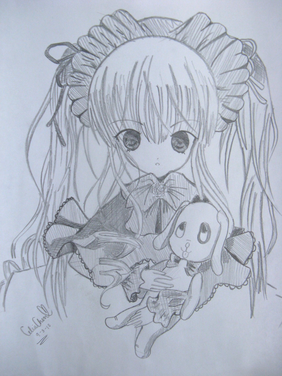 1girl auto_tagged dress eyebrows_visible_through_hair image long_hair long_sleeves looking_at_viewer monochrome photo shinku signature simple_background solo stuffed_animal traditional_media