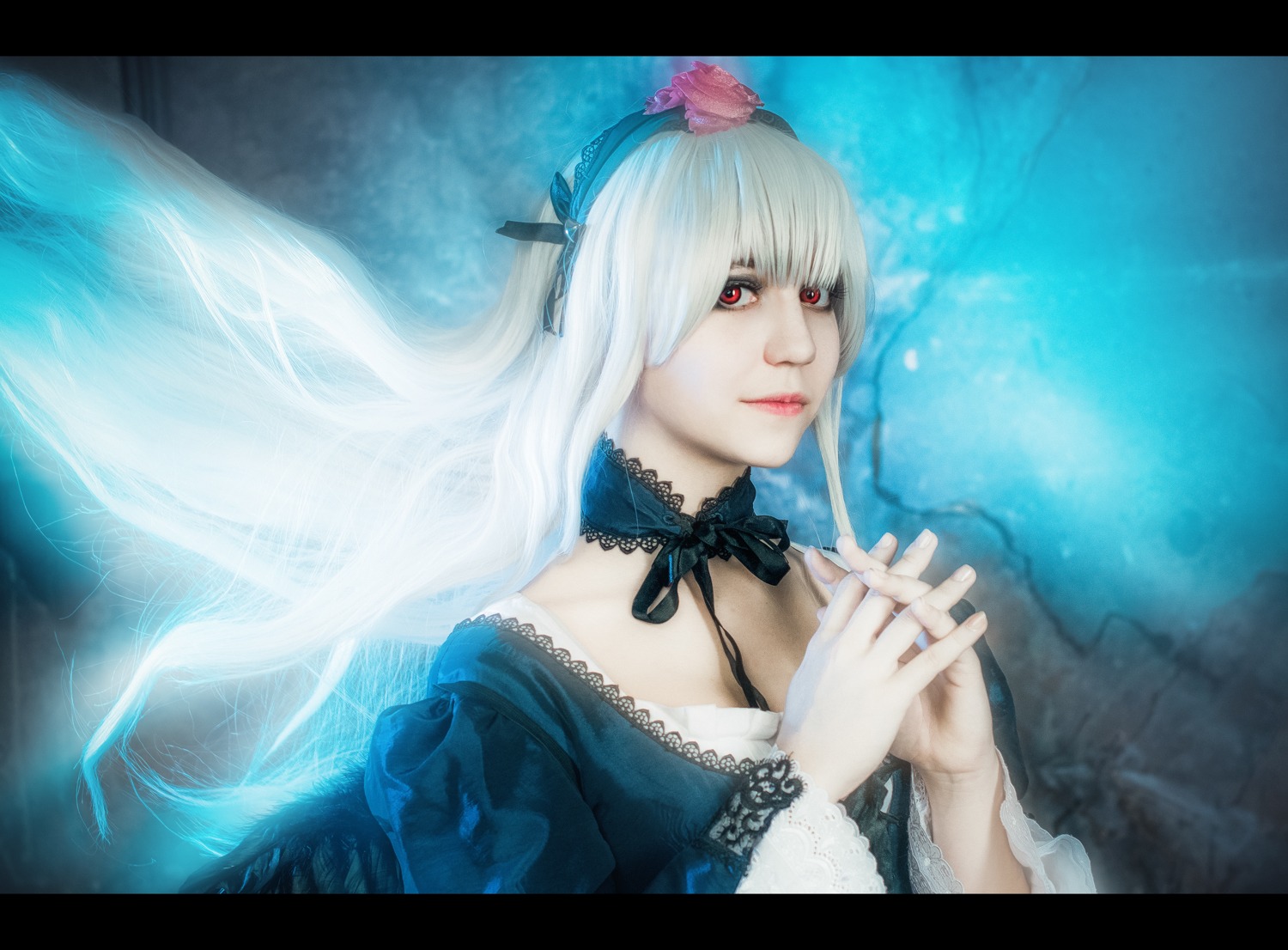 1girl dress hairband hands_clasped lace letterboxed lips long_hair own_hands_together praying red_eyes ribbon solo suigintou wings