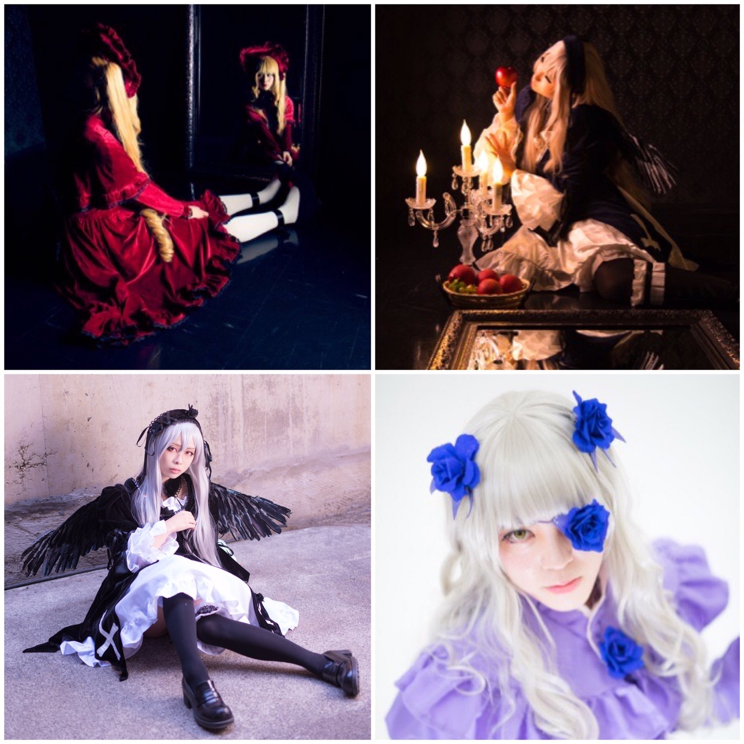 2girls apple black_wings blue_flower blue_rose dress feathers flower food frills fruit long_hair multiple_cosplay multiple_girls rose silver_hair sitting suigintou sword tagme weapon wings