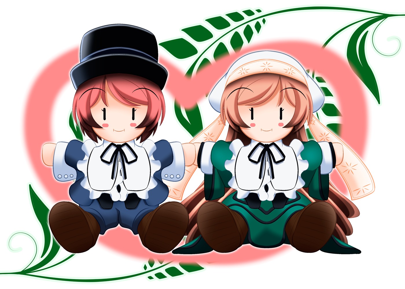 :3 blush_stickers brown_hair chibi dress hat image multiple_girls neck_ribbon pair red_hair ribbon short_hair smile souseiseki suiseiseki |_|