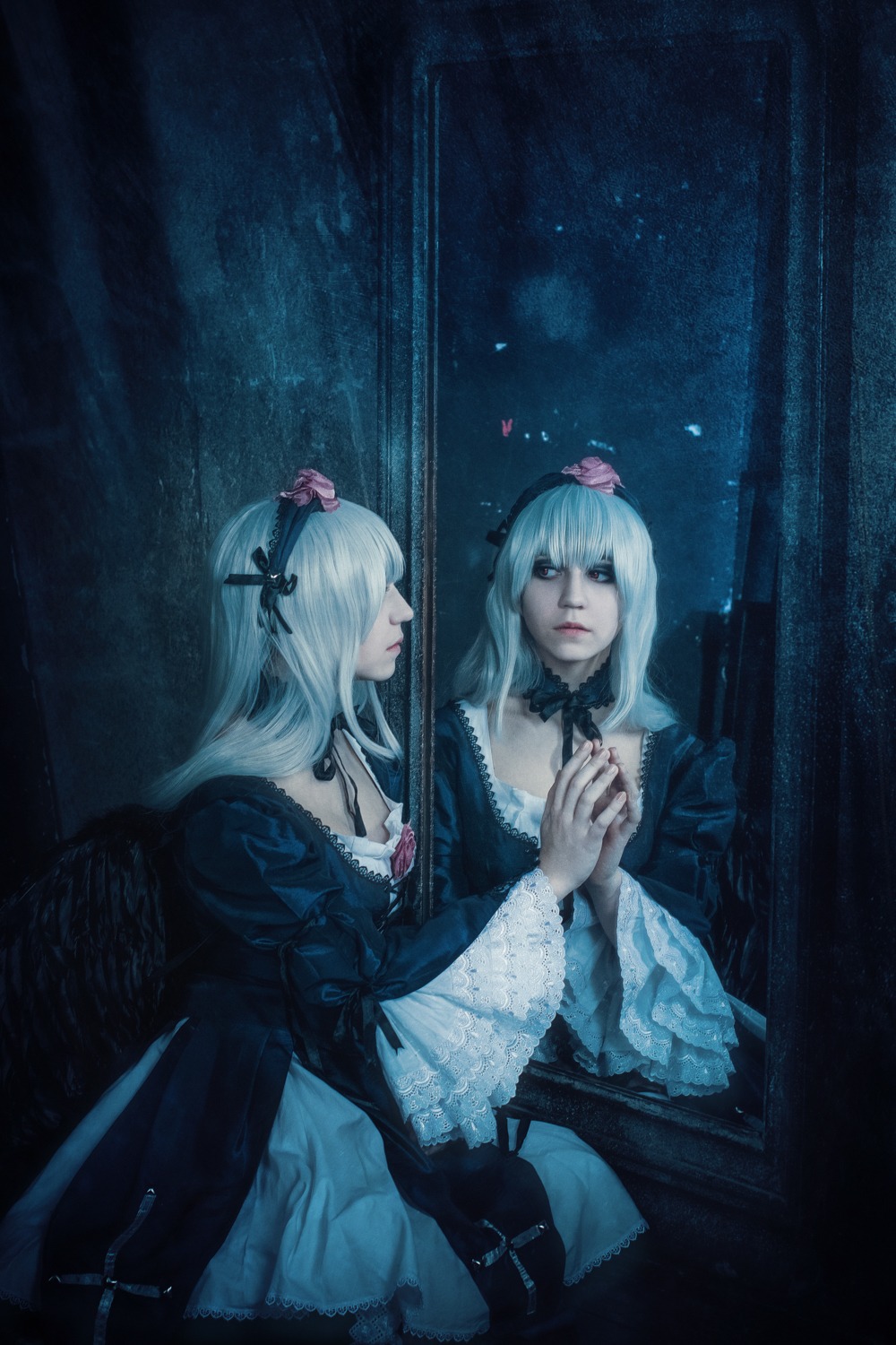 2girls blonde_hair choker dress flower frills hairband long_hair multiple_girls night ribbon silver_hair solo suigintou wings