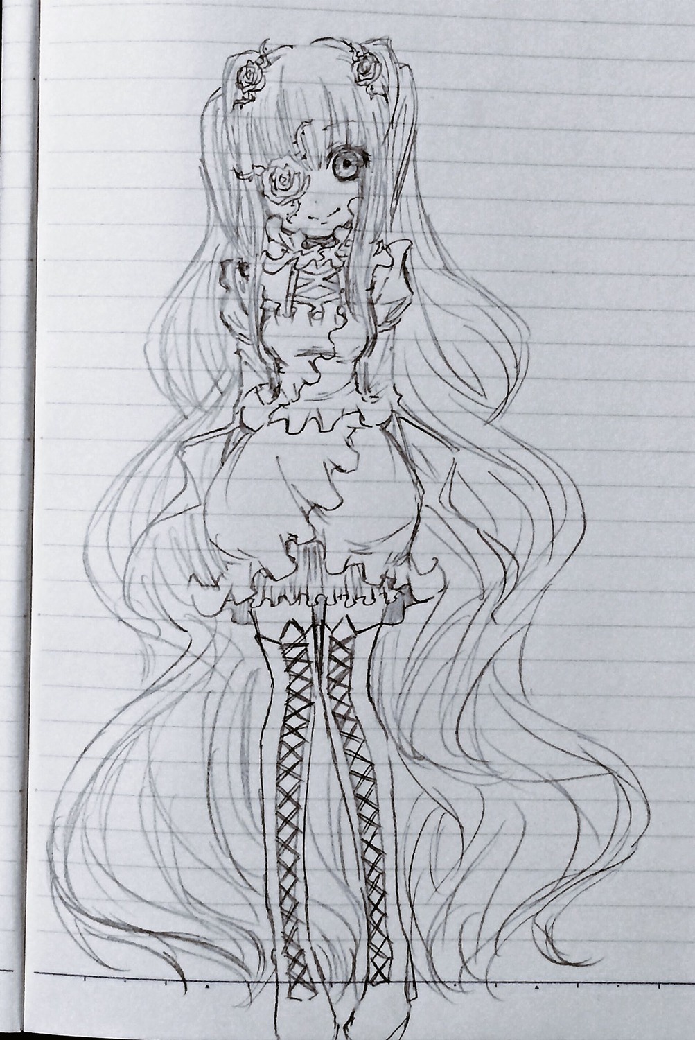 1girl bdsm bondage boots bound dress greyscale hair_ornament heart image kirakishou long_hair monochrome smile solo thigh_boots thighhighs traditional_media very_long_hair