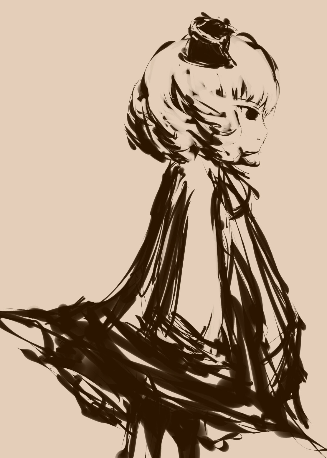1girl closed_mouth dress hat hinaichigo image monochrome short_hair simple_background solo