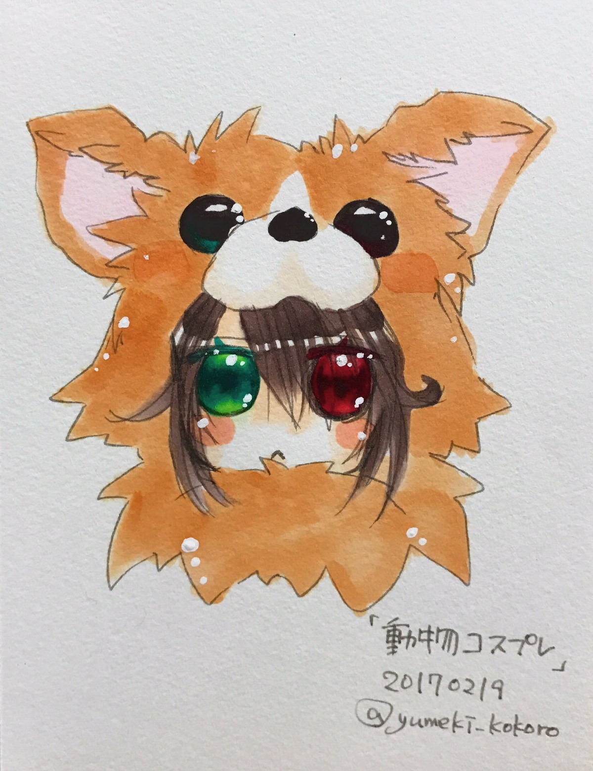 1girl blush brown_hair dated green_eyes heterochromia image looking_at_viewer marker_(medium) red_eyes solo souseiseki traditional_media yumeki_kokoro