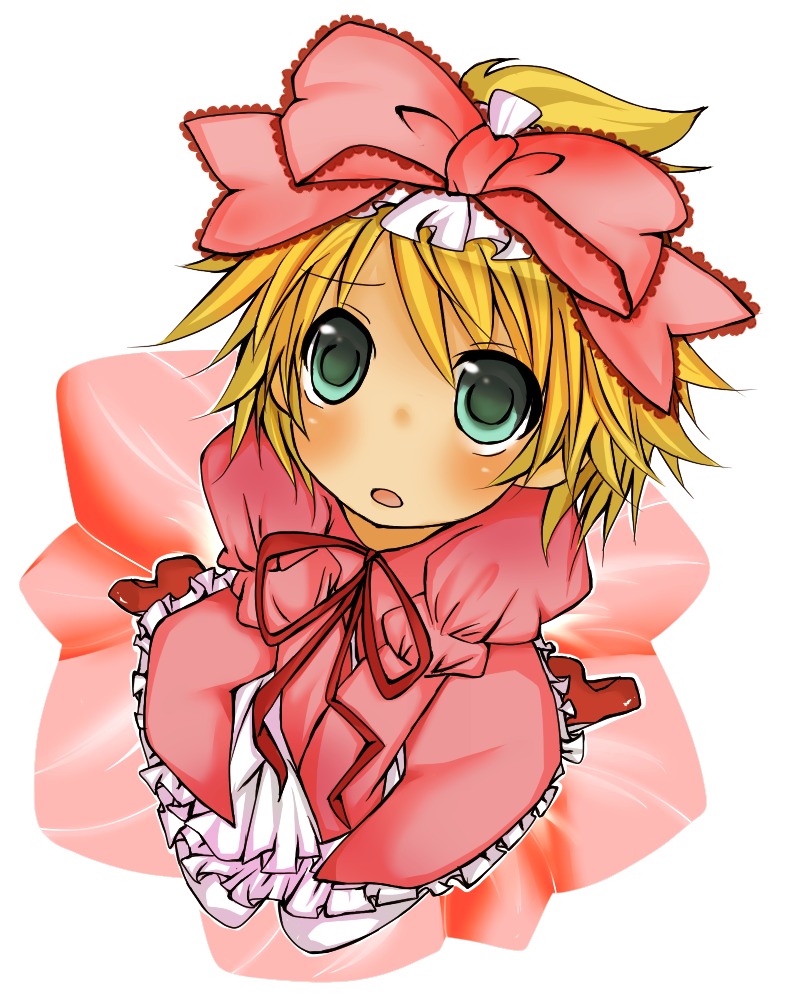 blonde_hair blush bow chibi dress frills from_above full_body green_eyes hair_bow hinaichigo image looking_at_viewer pink_bow pink_dress ribbon short_hair solo