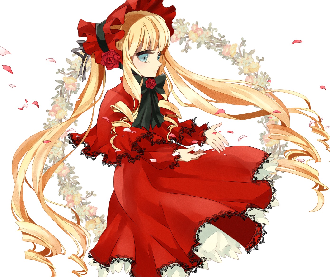 1girl blonde_hair blue_eyes bonnet bow dress drill_hair flower image long_hair petals red_dress red_flower rose rose_petals shinku solo striped twintails very_long_hair