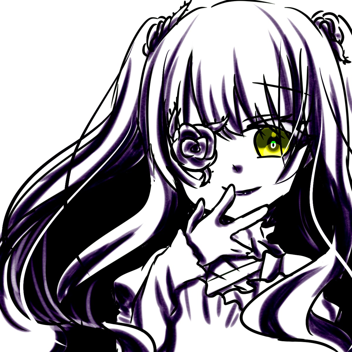 1girl bangs dress eyebrows_visible_through_hair flower hair_flower hair_ornament image kirakishou long_hair long_sleeves looking_at_viewer monochrome rose simple_background smile solo spot_color two_side_up upper_body white_background