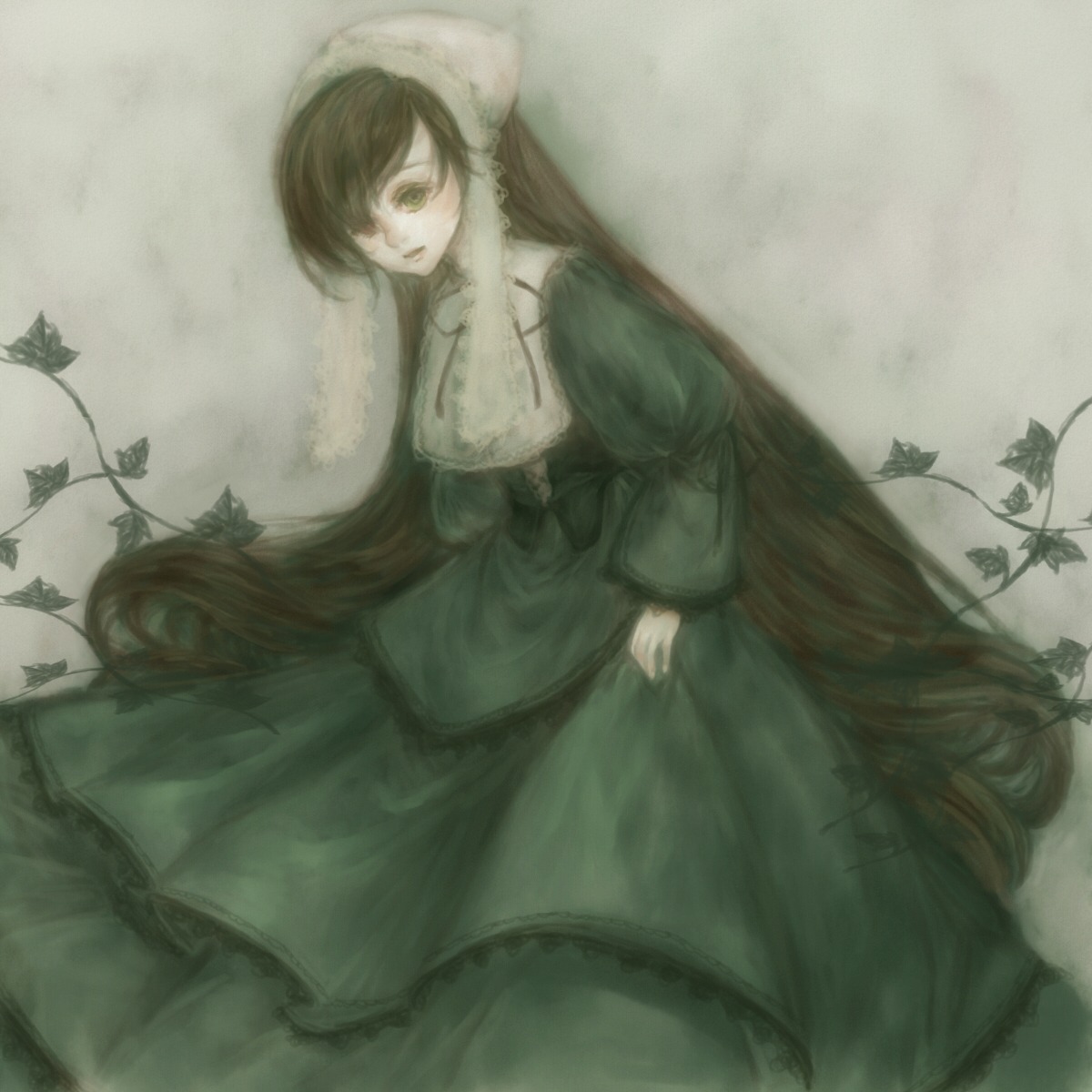 1girl bad_id bad_pixiv_id bangs brown_hair dress expressionless frills green_dress green_eyes hair_over_one_eye hairband head_scarf heterochromia highres image long_hair long_sleeves looking_at_viewer plant puffy_sleeves rozen_maiden solo suiseiseki very_long_hair wide_sleeves yukishiro_(hitsuji)