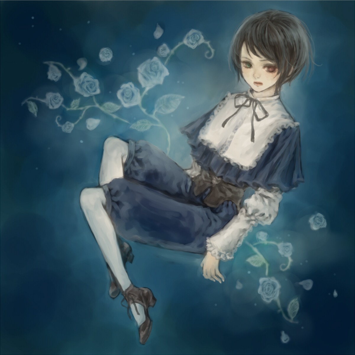 1girl androgynous black_flower black_rose blue_rose brown_hair commentary_request crossdressing flower green_eyes heterochromia highres image pantyhose pink_rose red_eyes ribbon rose rozen_maiden short_hair solo souseiseki white_flower white_rose yellow_rose yukishiro_(hitsuji)
