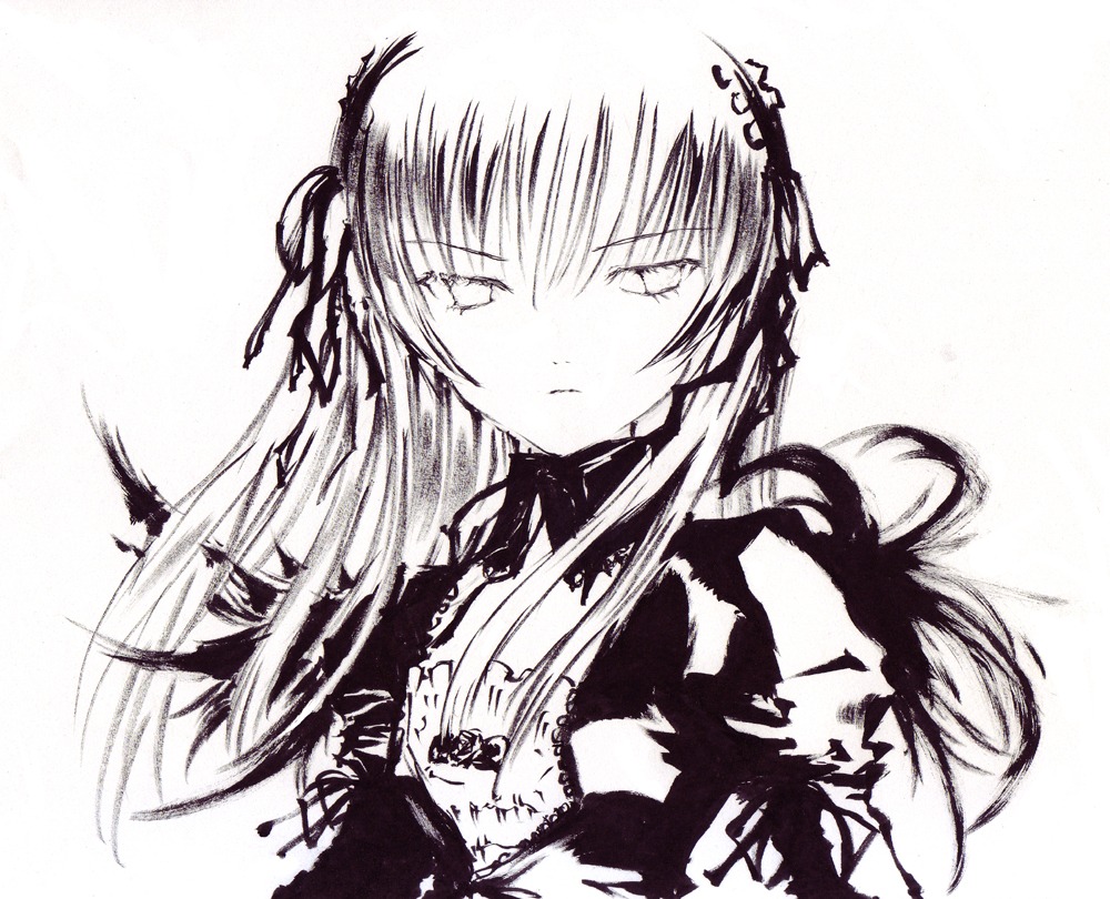 1girl bangs closed_mouth dress hair_ribbon image long_hair long_sleeves looking_at_viewer monochrome ribbon simple_background solo suigintou two_side_up upper_body white_background