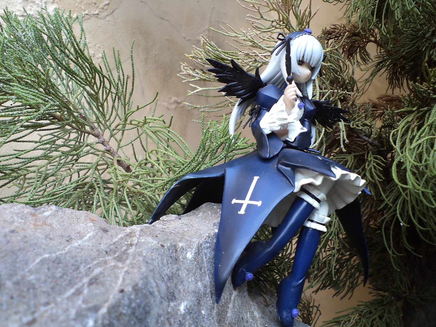 1girl blue_legwear doll dress feathers frills grass hairband plant red_eyes solo standing suigintou thighhighs tree wings