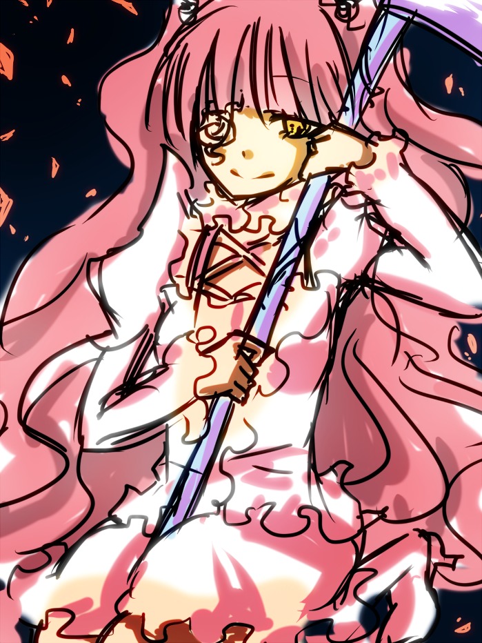 1girl :q bow bow_(weapon) dress frills gloves image kaname_madoka kirakishou long_hair petals pink_hair ribbon smile solo tongue tongue_out two_side_up ultimate_madoka weapon wings yellow_eyes