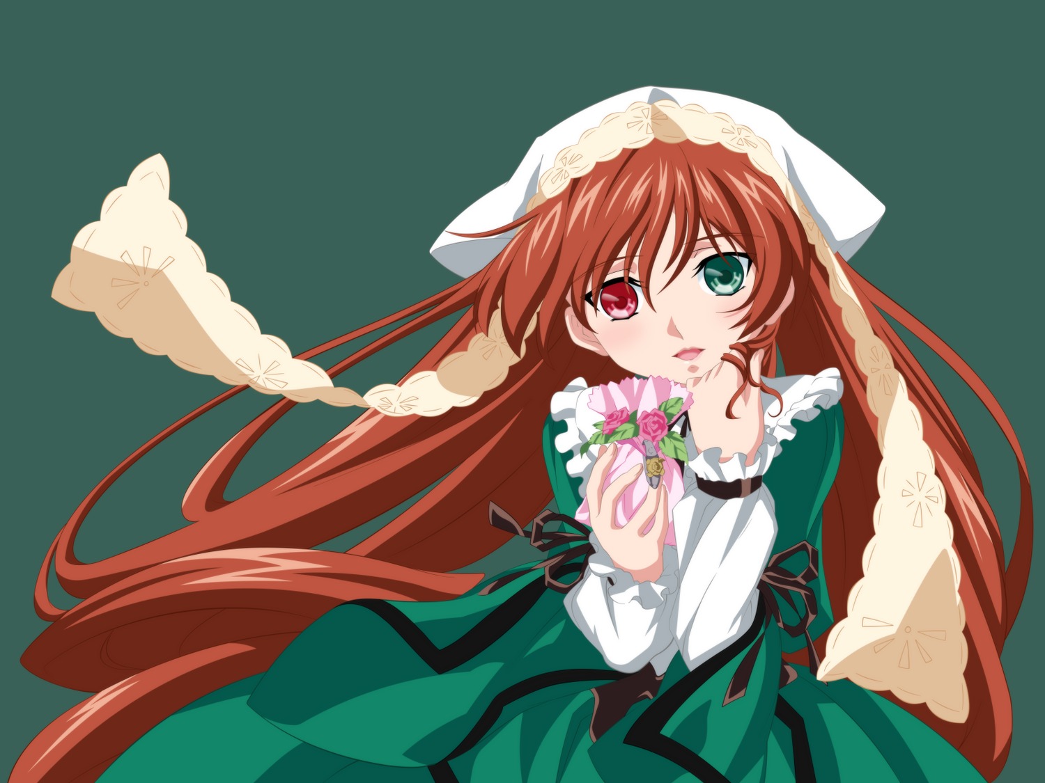 1girl brown_hair dress flower frills green_dress green_eyes head_scarf heterochromia image long_hair long_sleeves looking_at_viewer open_mouth red_eyes ribbon simple_background smile solo suiseiseki very_long_hair