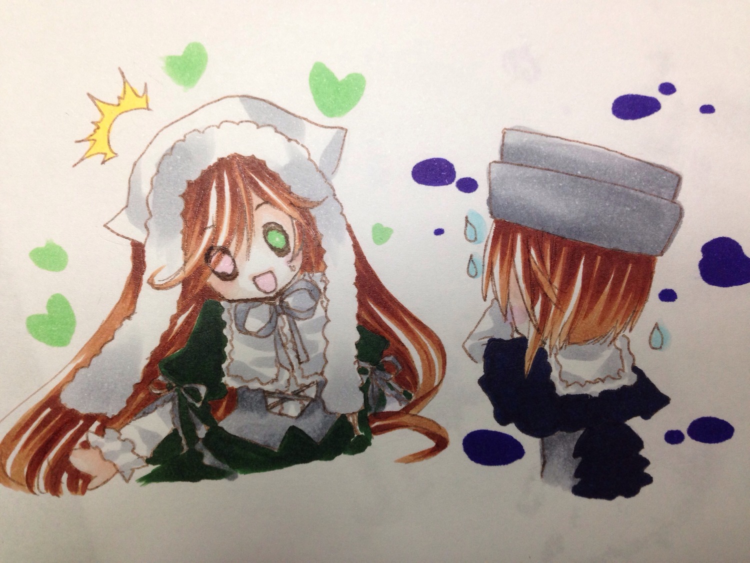 1girl :d brown_hair dress green_eyes hat heart image long_hair long_sleeves open_mouth pair siblings sisters smile souseiseki suiseiseki twins very_long_hair