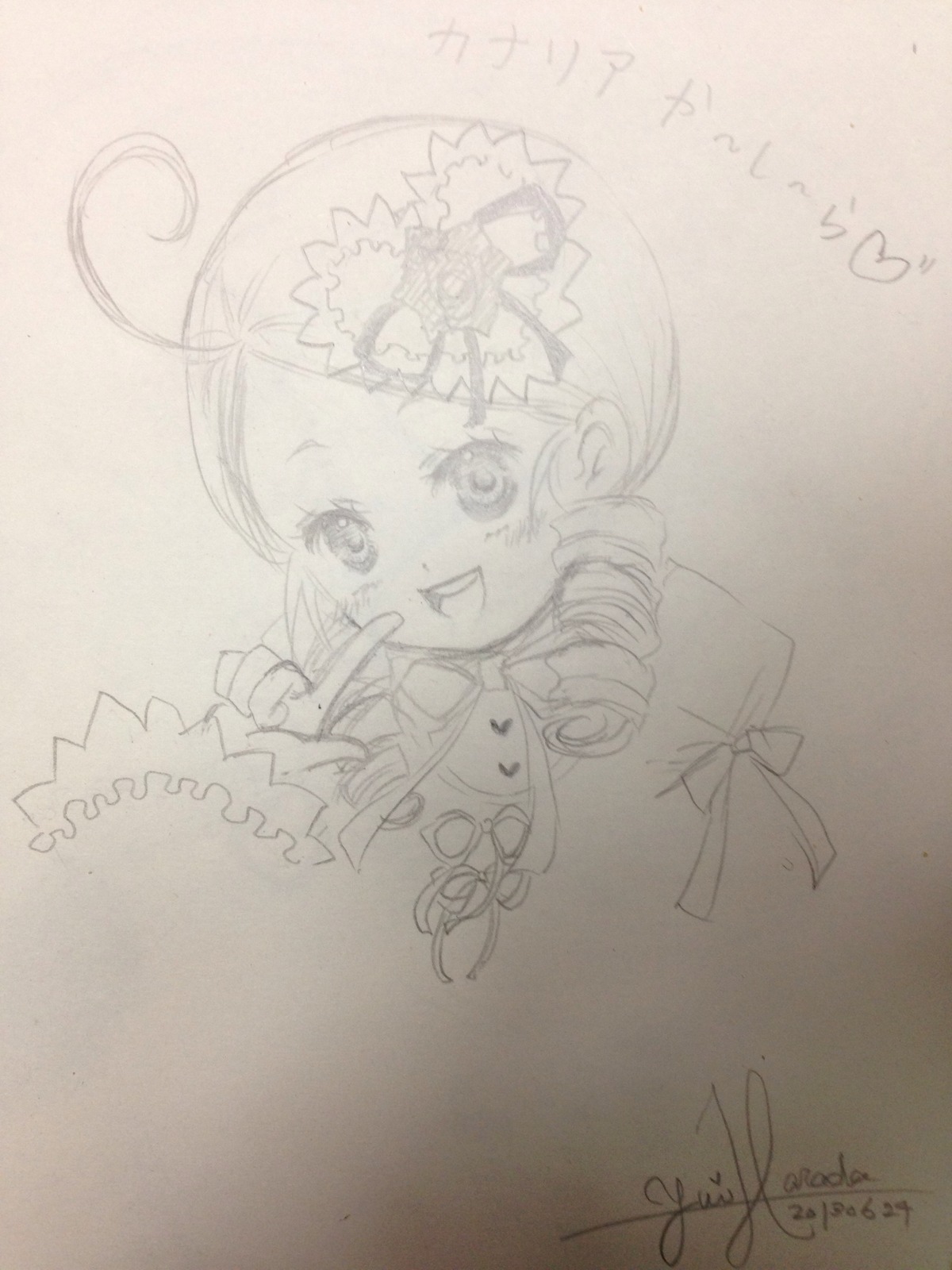 1girl :d antenna_hair dress drill_hair hair_ornament heart image index_finger_raised kanaria long_sleeves looking_at_viewer monochrome open_mouth photo ringlets smile solo traditional_media twin_drills
