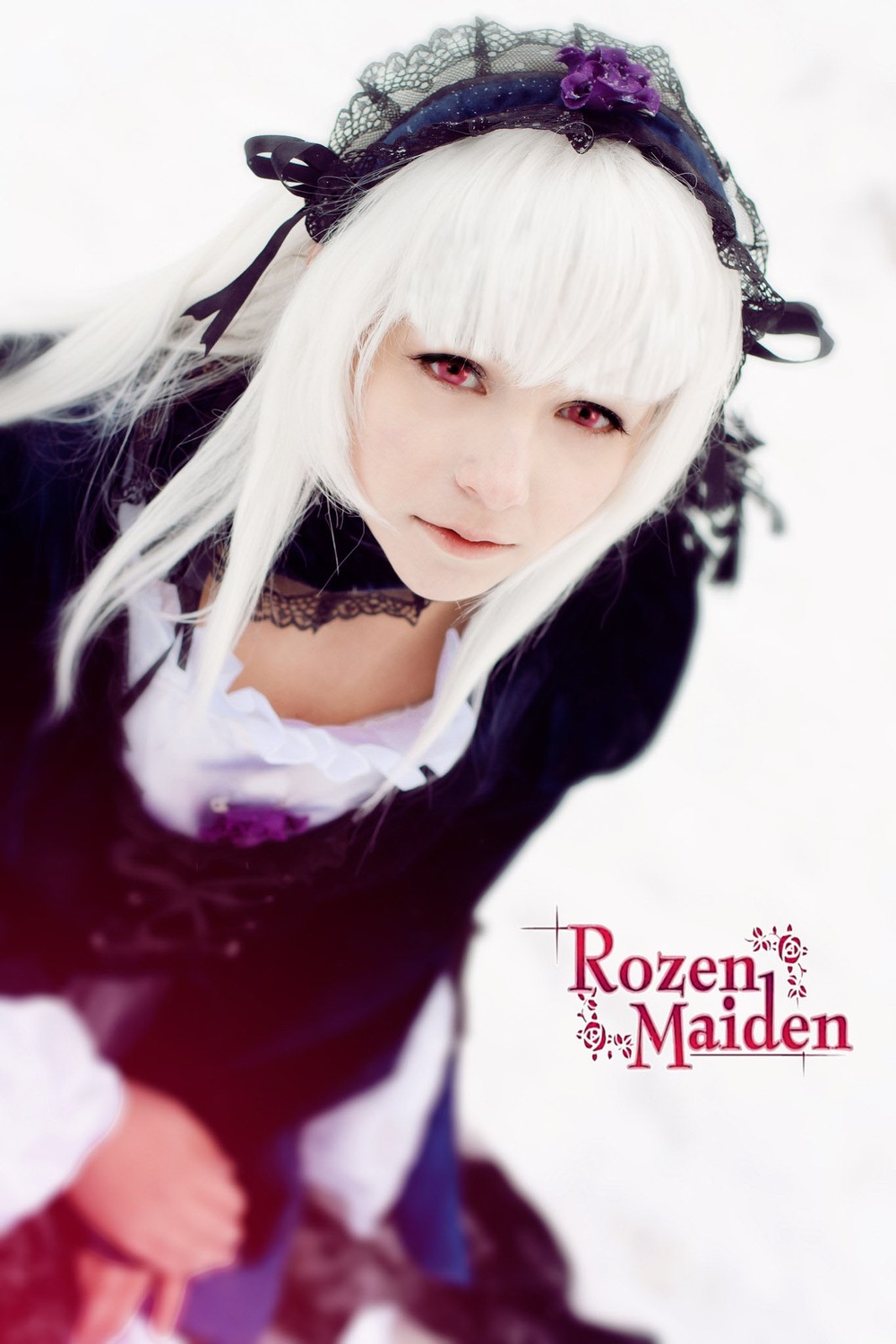 1girl bangs blurry blurry_background blurry_foreground closed_mouth depth_of_field dress gothic_lolita hairband lace lips lolita_fashion lolita_hairband long_hair looking_at_viewer red_eyes solo suigintou white_hair