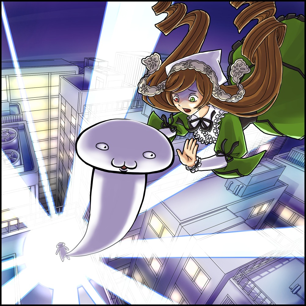 1girl brown_hair building dress frills green_dress green_eyes heterochromia image long_hair long_sleeves open_mouth red_eyes solo suiseiseki very_long_hair