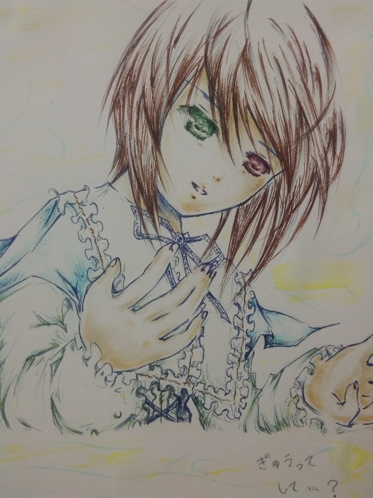 1girl brown_hair collar dress frills green_eyes hand_on_own_chest heterochromia image long_sleeves looking_at_viewer red_eyes short_hair simple_background smile solo souseiseki traditional_media upper_body