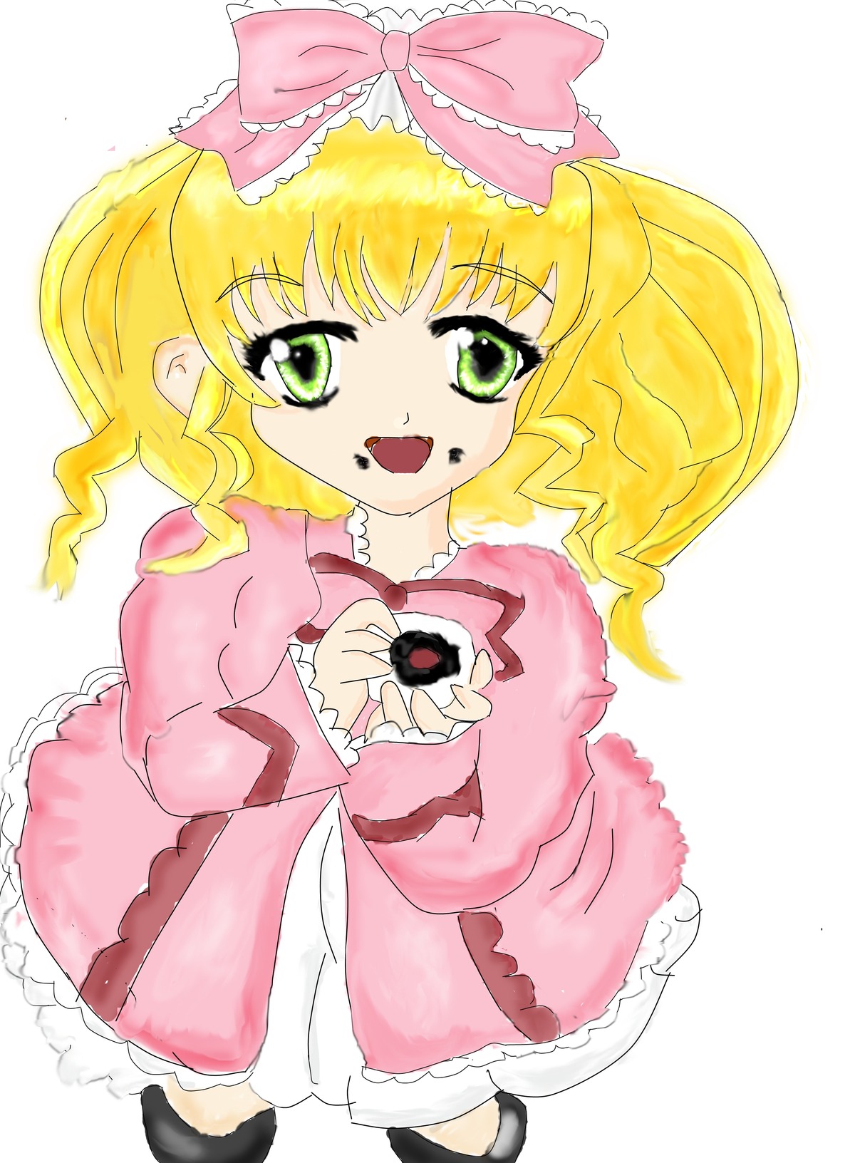 1girl :d blonde_hair blush_stickers bow dress full_body green_eyes hair_bow hina_ichigo hinaichigo image long_sleeves looking_at_viewer open_mouth pink_bow pink_dress smile solo striped