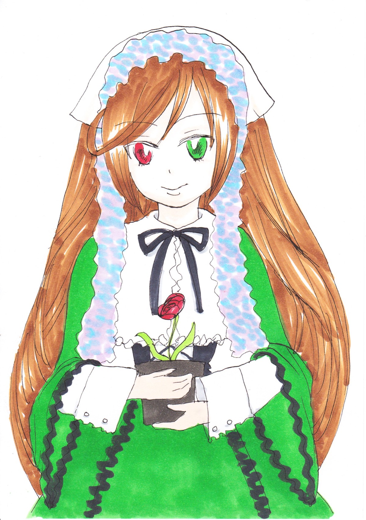 1girl auto_tagged brown_hair dress frills green_dress green_eyes heterochromia image long_hair long_sleeves looking_at_viewer red_eyes simple_background smile solo suiseiseki very_long_hair watering_can white_background