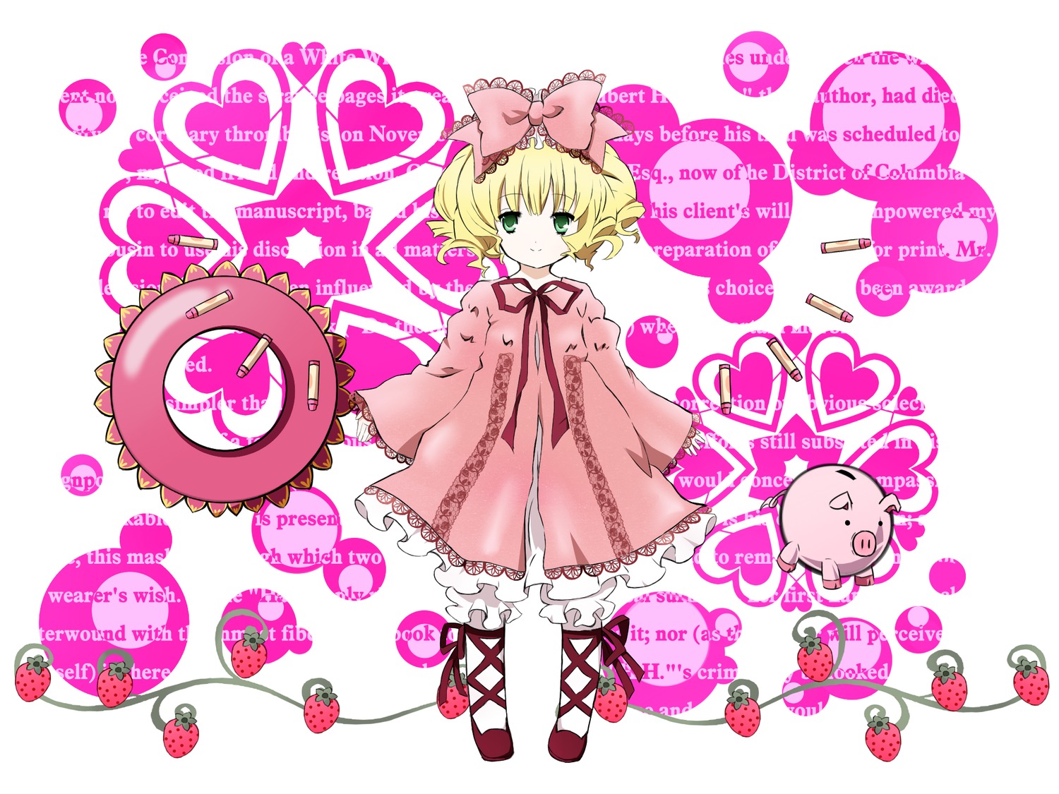 1girl apple blonde_hair bloomers bow cake cherry cross-laced_footwear dress flower food frills fruit full_body green_eyes hair_bow heart hina_ichigo hinaichigo image long_sleeves looking_at_viewer object_namesake pink_bow pink_dress ribbon short_hair smile solo standing strawberry strawberry_print striped white_legwear