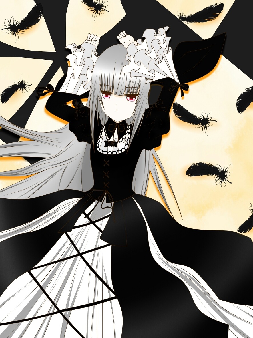 1girl bird black_dress black_feathers black_wings cross crow dress feathered_wings feathers image jewelry long_hair long_sleeves looking_at_viewer pink_eyes purple_eyes solo suigintou very_long_hair white_feathers wings