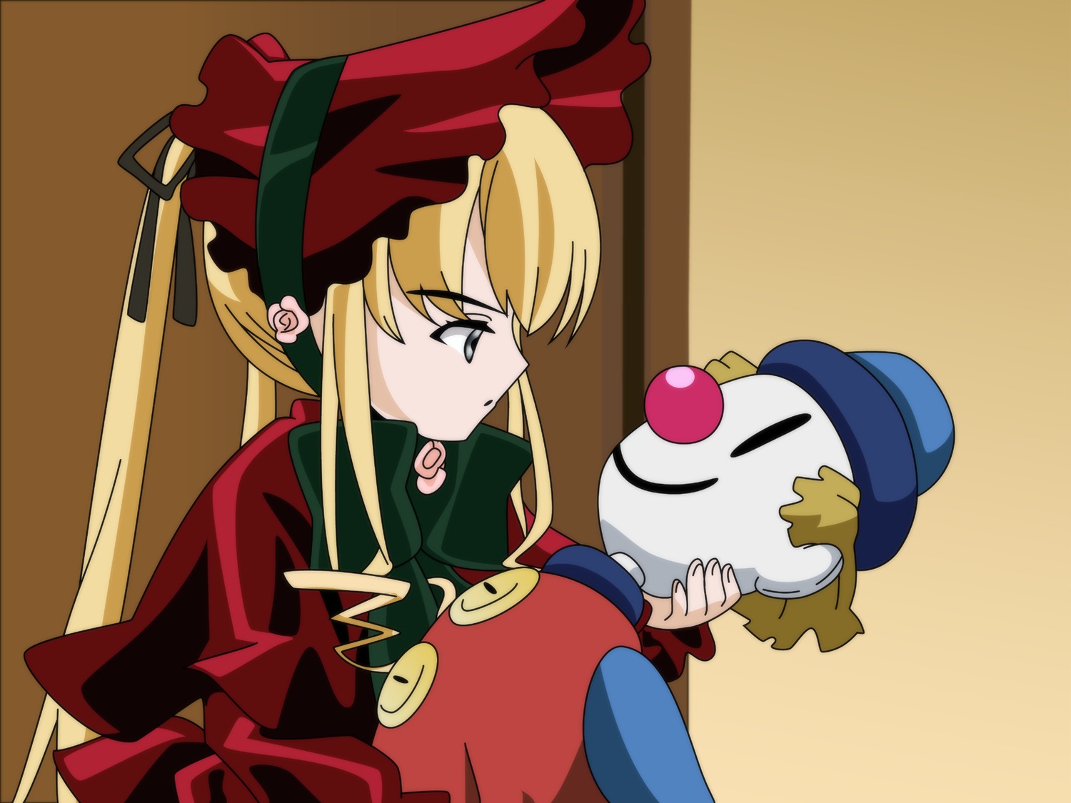 blonde_hair bonnet bow doll dress hat image long_hair long_sleeves red_dress shinku solo