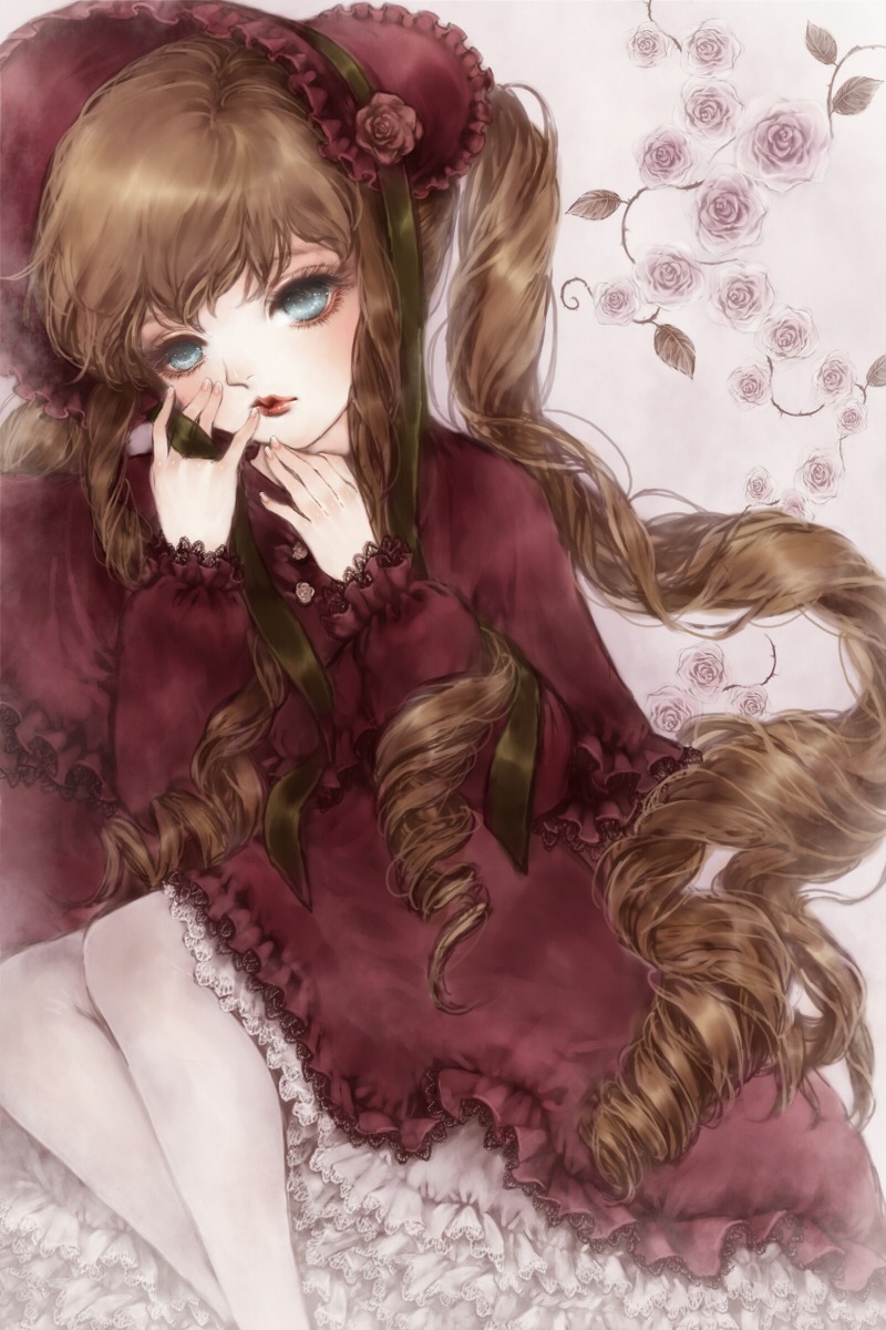 1girl blonde_hair blue_eyes bonnet bow brown_hair commentary_request dress drill_hair flower frills highres image long_hair long_sleeves multicolored multicolored_rose pantyhose pink_rose red_dress red_flower red_rose rose rozen_maiden shinku sitting solo striped twin_drills twintails very_long_hair yukishiro_(hitsuji)