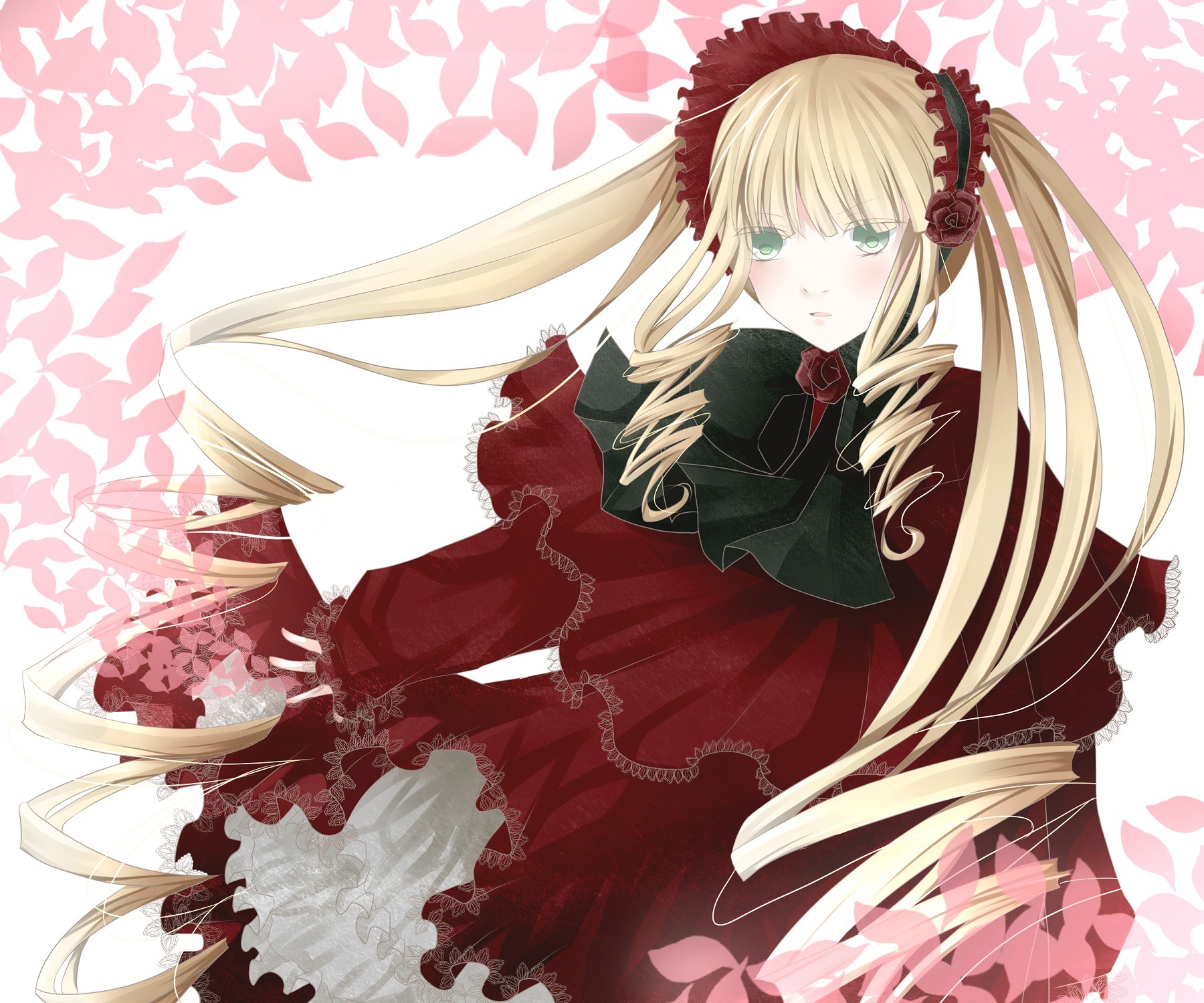 1girl blonde_hair blush bow bowtie dress drill_hair flower image long_hair long_sleeves looking_at_viewer rose shinku solo twintails very_long_hair